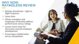 WHY NOW:
RATINGLESS REVIEW
•  Ra;ngs	
  demo;vate	
  -­‐	
  Fight	
  or	
  
ﬂight	
  response	
  
•  Saves	
  ;me	
  
•  Allows	
  managers	
  and	
  
employees	
  to	
  directly	
  address	
  
performance	
  versus	
  ra;ngs	
  
•  Leaves	
  more	
  room	
  for	
  
discussion	
  around	
  employee	
  
development	
  
•  Encourages	
  collabora;on	
  
versus	
  compe;;on	
  	
  
 