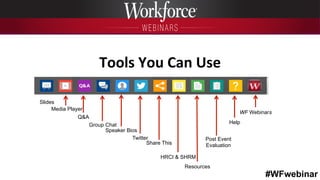 #WFwebinar
Tools	
  You	
  Can	
  Use	
  
Speaker Bios
Resources
Media Player
Q&A
Slides
Twitter
Help
Post Event
EvaluationShare This
Group Chat
HRCI & SHRM
WF Webinars
 