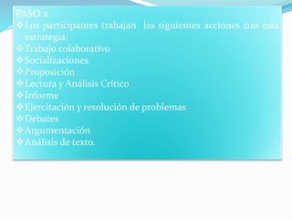 PASO 2
Los participantes trabajan las siguientes acciones con esta
estrategia:
Trabajo colaborativo
Socializaciones
Proposición
Lectura y Análisis Crítico
Informe
Ejercitación y resolución de problemas
Debates
Argumentación
Análisis de texto.
 