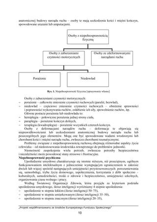 „Projekt współfinansowany ze środków Europejskiego Funduszu Społecznego”
10
anatomicznej budowy narządu ruchu – osoby te mają uszkodzenia kości i mięśni kończyn,
spowodowane urazami lub amputacjami.
Rys. 1. Niepełnosprawność fizyczna [opracowanie własne]
Osoby z zaburzeniami czynności motorycznych:
− porażenie – całkowite zniesienie czynności ruchowych (paraliż, bezwład),
− niedowład – częściowe zniesienie czynności ruchowych – obniżenie sprawności
i poprawności wykonywania ruchów, osłabienie ich siły, spowolnienie ruchów, itp.
Główne postacie porażenia lub niedowładu to:
− hemiplegia – połowiczne porażenia jednej strony ciała,
− paraplegia – porażenie kończyn dolnych,
− teraplegia (kwadroplegia) – porażenie wszystkich czterech kończyn.
Osoby z deformacjami narządów ruchu – deformacje te objawiają się
nieprawidłowościami lub uszkodzeniami anatomicznej budowy narządu ruchu lub
poszczególnych jego elementów. Mogą one być spowodowane wadami wrodzonymi lub
chorobami kości i mięśni narządu ruchu, zwłaszcza chorobami reumatycznymi.
Problemy związane z niepełnosprawnością ruchową obejmują różnorodne aspekty życia
człowieka – od niedostosowania środowiska zewnętrznego do problemów jednostki.
Niemożność zaspokojenia wielu potrzeb, zwłaszcza potrzeby bezpieczeństwa
i niezależności może powodować stany stresowe i frustracyjne.
Niepełnosprawność psychiczna
Upośledzenie umysłowe charakteryzuje się istotnie niższym, niż przeciętnym, ogólnym
funkcjonowaniem intelektualnym z jednocześnie występującym ograniczeniem w zakresie
dwóch lub więcej spośród następujących umiejętności przystosowawczych: porozumiewania
się, samoobsługi, trybu życia domowego, uspołecznienia, korzystania z dóbr społeczno –
kulturalnych, samodzielności, troski o zdrowie i bezpieczeństwo, umiejętności szkolnych,
organizowania czasu wolnego i pracy.
Według Światowej Organizacji Zdrowia, która przyjęła za kryterium podziału
upośledzenia umysłowego, iloraz inteligencji wyróżniamy 4 stopnie upośledzenia:
− upośledzenie w stopniu lekkim (iloraz inteligencji 50–75),
− upośledzenie w stopniu umiarkowanym (iloraz inteligencji 35–50),
− upośledzenie w stopniu znacznym (iloraz inteligencji 20–35),
Osoby z niepełnosprawnością
fizyczną
Osoby z zaburzeniami
czynności motorycznych
Osoby ze zdeformowanymi
narządami ruchu
Porażenie Niedowład
 