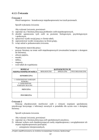 „Projekt współfinansowany ze środków Europejskiego Funduszu Społecznego”
17
4.1.3. Ćwiczenia
Ćwiczenie 1
Określ następstwa – konsekwencje niepełnosprawności na trzech poziomach.
Sposób wykonania ćwiczenia
Aby wykonać ćwiczenie, powinieneś:
1) zapoznać się z literaturą dotyczącą problemów osób niepełnosprawnych,
2) określić ograniczenia tych osób na poziomie biologicznym, psychologicznym
i społecznym,
3) opracować wyniki swojej pracy w formie tabeli,
4) zaprezentować wyniki swojej pracy na forum grupy,
5) wziąć udział w podsumowaniu ćwiczenia.
Wyposażenie stanowiska pracy:
− pozycje literatury na temat osób niepelnosprawnych (ewentualnie komputer z dostępem
do Internetu),
− arkusze papieru,
− mazaki,
− tablica,
− magnesy,
− wzór tabeli do wypełnienia:
KONSEKWENCJERODZAJ
NIEPEŁNOSPRAWNOŚCI BIOLOGICZNE SPOŁECZNE PSYCHOLOGICZNE
SENSORYCZNA
1. USZKODZENIE NARZĄDU
WZROKU
2. USZKODZENIE
NARZĄDU SŁUCHU
FIZYCZNA
PSYCHICZNA
Ćwiczenie 2
Dokonaj charakterystyki możliwości osób z różnymi stopniami upośledzenia
umysłowego korzystając z informacji zawartych w poradniku dla ucznia oraz z dostępnej
literatury.
Sposób wykonania ćwiczenia
Aby wykonać ćwiczenie, powinieneś:
1) zapoznać się z literaturą dotyczącą osób upośledzonych umysłowo,
2) dokonać wyboru cech charakteryzujących osoby niepełnosprawne z uwzględnieniem ich
stopnia niepełnosprawności pod kątem:
− umiejętności interpersonalnych,
 