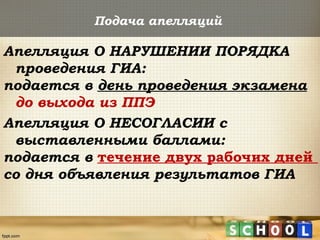 Подача апелляций
Апелляция О НАРУШЕНИИ ПОРЯДКА
проведения ГИА:
подается в день проведения экзамена
до выхода из ППЭ
Апелляция О НЕСОГЛАСИИ с
выставленными баллами:
подается в течение двух рабочих дней
со дня объявления результатов ГИА
 