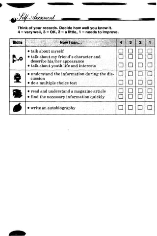 Think of your records. Decide how well you know it.
4 = very well, 3 = OK, 2 = a little, 1 = needs to improve.
Skills Now lean... 4 3 2 1
• talk about myself □ □ □ □
^ A • talk about my friend’s character and n □ □ n
L o V
describe his/her appearance
• talk about youth life and interests □ □ □ □
• understand the information during the dis­ n n n n
cussion
• do a multiple choice test □ □ □ □
• read and understand a magazine article □ □ □ □
• find the necessary information quickly □ □ □ □
#
• write an autobiography □ □ □ □
 