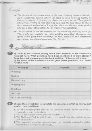 ( w//forUo:
A: The National Parks have some of the best climbing areas in Britain,
from traditional routes, where the sport of rock climbing began, to
dangerous rocky cliffs hanging above the ocean waves. Those people
who are interested in rock-climbing can find the best places to check
their strength and abilities. I hope that there are the mountain guides
who get a safe introduction to the beginners in climbing.
B: The National Parks are famous for the breathing spaces of wildlife.
That’s why the tourists can enjoy wildlife watching. Everyone can
spend some quiet time watching the rare, colourful and sometimes
spectacular plants and creatures that live there.
O a) Listen to the children talking about their weekend in the Snowdonia
National Park. What activities have been mentioned in their stories?
Copy the chart into your exercise-book and tick (S ) the correct boxes,
b) Say which of the activities in the list given below you’d like to do in the
National Park.
Activities Mary Theodore Patrick
Walking
Cycling
Horse riding
Watersports
Climbing
A ir trip
W ildlife watching
© Choose the correct item to complete the sentences: which or where, that
or what, then read them.
1. Put this encyclopedia back in the bookcase which/where you took it
from when you’ve finished.
2. That’s the village which/where I was born in.
3. The National Park in which/where you can do the bird-watching is a
few miles away.
4. The open-air museum which/where the tourists enjoyed visiting
closed down a couple of years ago.
 