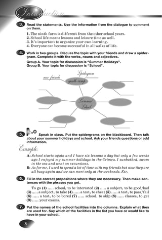 8
Read the statements. Use the information from the dialogue to comment
on them.
1. The ninth form is different from the other school years.
2. School life means lessons and leisure time as well.
3. It’s important to organize your own learning.
4. Everyone can become successful in all walks of life.
Work in two groups. Discuss the topic with your friends and draw a spider-
gram. Complete it with the verbs, nouns and adjectives.
Group A. Your topic for discussion is “Summer Holidays”.
Group B. Your topic for discussion is “School”.
3.3.
4.4.
8.
9.
1.
Speak in class. Put the spidergrams on the blackboard. Then talk
about your summer holidays and school. Ask your friends questions or add
information.
Example:
A: School starts again and I have six lessons a day but only a few weeks
ago I enjoyed my summer holidays in the Crimea. I sunbathed, swam
in the sea and went on excursions.
B: As for me, I used to spend a lot of time with my friends but now they are
all busy again and we can meet only at the weekends. Etc.
Fill in the correct prepositions where they are necessary. Then make sen-
tences with the phrases you get.
To go (1) ..... school, to be interested (2) ..... a subject, to be good/bad
(3) ..... a subject, to take (4) ..... a test, to cheat (5) ..... a test, to pass/fail
(6) ..... a test, to be bored (7) ..... school, to skip (8) ..... classes, to get
(9) ..... your exams.
Put the names of the school facilities into the columns. Explain what they
are used for. Say which of the facilities in the list you have or would like to
have in your school.
5.5.
6.6.
7.7.
Lummer/
Lchool
youth camp
new friends
Lpidergram
Nesvit_Engl_9.indd 8Nesvit_Engl_9.indd 8 8/12/2009 17:03:228/12/2009 17:03:22
 