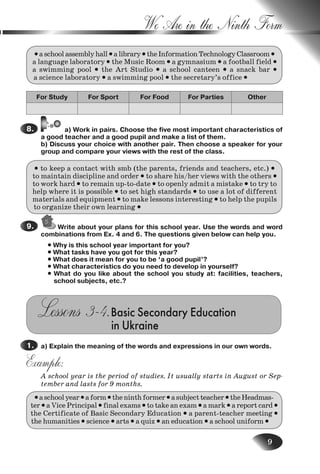 9
We Are in the Ninth Form
•a school assembly hall •a library •the Information Technology Classroom •
a language laboratory • the Music Room • a gymnasium • a football field •
a swimming pool • the Art Studio • a school canteen • a snack bar •
a science laboratory • a swimming pool • the secretary’s office •
For Study For Sport For Food For Parties Other
a) Work in pairs. Choose the five most important characteristics of
a good teacher and a good pupil and make a list of them.
b) Discuss your choice with another pair. Then choose a speaker for your
group and compare your views with the rest of the class.
• to keep a contact with smb (the parents, friends and teachers, etc.) •
to maintain discipline and order • to share his/her views with the others •
to work hard • to remain up-to-date • to openly admit a mistake • to try to
help where it is possible • to set high standards • to use a lot of different
materials and equipment • to make lessons interesting • to help the pupils
to organize their own learning •
Write about your plans for this school year. Use the words and word
combinations from Ex. 4 and 6. The questions given below can help you.
• Why is this school year important for you?
• What tasks have you got for this year?
• What does it mean for you to be ‘a good pupil’?
• What characteristics do you need to develop in yourself?
• What do you like about the school you study at: facilities, teachers,
school subjects, etc.?
Lessons 3–4.Basic Secondary Education
in Ukraine
a) Explain the meaning of the words and expressions in our own words.
Example:
A school year is the period of studies. It usually starts in August or Sep-
tember and lasts for 9 months.
•aschoolyear•aform•theninthformer•asubjectteacher•theHeadmas-
ter •a Vice Principal •final exams •to take an exam •a mark •a report card •
the Certificate of Basic Secondary Education • a parent-teacher meeting •
the humanities • science • arts • a quiz • an education • a school uniform •
8.
9.
1.
Nesvit_Engl_9.indd 9Nesvit_Engl_9.indd 9 8/12/2009 17:03:228/12/2009 17:03:22
 