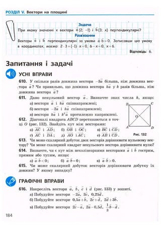РОЗДІЛ V. Вектори на площині
Задача
При якому значенні х вектори а (2; -1) і Ь(3; х) перпендикулярні?
Розв'язання
Вектори а і b перпендикулярні за умови а-Ь = 0. Записавши цю умову
в координатах, маємо: 2 3 + (-1) х = 0, 6 - х = 0, х = 6.
Відповідь: 6.
Запитання і задачі
Ф
D
©
УСНІ ВПРАВИ
610. У скільки разів довжина вектора - 3 а більша, ніж довжина век-
тора а ? Чи правильно, що довжина вектора ka у k разів більша, ніж
довжина вектора а ?
611. Дано ненульовий вектор а. Визначте знак числа k, якщо:
а) вектори а і ka співнапрямлені;
б) вектори -2а і ka співнапрямлені;
в) вектори ka і k2
a протилежно напрямлені.
612. Діагоналі квадрата ABCD перетинаються в точ-
ці О (рис. 132). Знайдіть кут між векторами:
а) АС і AD; б) ОВ і ОС; в) ВС і CD;
г) АС і DA; д) AO і АС ; е) АВ і CD . Рис. 132
613. Чи може скалярний добуток двох векторів дорівнювати нульовому век-
тору? Чи може скалярний квадрат ненульового вектора дорівнювати нулю?
614. Визначте, чи є кут між неколінеарними векторами а і Ь гострим,
прямим або тупим, якщо:
a) a b<0; б) а 6 = 0; в) a b>0.
615. Чи може скалярний добуток векторів дорівнювати добутку їх
довжин? У якому випадку?
ГРАФІЧНІ ВПРАВИ
616. Накресліть вектори а, Ь, с і d (рис. 133) у зошиті.
а) Побудуйте вектори - 2 а , Зс, 0,25d.
б) Побудуйте вектори 0,5а+ 6, 2c + d, 2d--3b.
в) Побудуйте вектори 2 с - а , 2a-0,5d, —b—d.
З
184
 