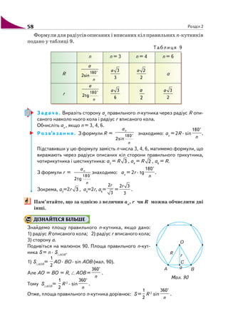 58 Розділ 2
Формули для радіусів описаних і вписаних кіл правильних n кутників
подано у таблиці 9.
Таблиця 9
n n = 3 n = 4 n = 6
R 180°
2sin
n
a
3
3
a 2
2
a
а
r 180°
2tg
n
a
3
6
a
2
a 3
2
a
З а д а ч а . Виразіть сторону an
правильного n кутника через радіус R опи
саного навколо нього кола і радіус r вписаного кола.
Обчисліть an
, якщо n = 3, 4, 6.
Р о з в’я з а н н я . З формули R = 180°
2sin
n
n
a
знаходимо: an
= 2R · sin
180°
n
.
Підставивши у цю формулу замість n числа 3, 4, 6, матимемо формули, що
виражають через радіуси описаних кіл сторони правильного трикутника,
чотирикутника і шестикутника: a3
= R 3 , a4
= R 2 , a6
= R.
З формули r =
180°
2tg
n
n
a
знаходимо: an
= 2r · tg
180°
n
.
Зокрема, a3
=2r 3 , a4
=2r, a6
=
2
3
r
=
2 3
3
r
.
Пам’ятайте, що за однією з величин an
, r чи R можна обчислити дві
інші.
ДІЗНАЙТЕСЯ БІЛЬШЕ
Знайдемо площу правильного n кутника, якщо дано:
1) радіус R описаного кола; 2) радіус r вписаного кола;
3) сторону а.
Подивіться на малюнок 90. Площа правильного n кут
ника S = n · S AOB
.
1) S AOB
=
1
2
AO · BO · sin AOB (мал. 90).
Але AO = BO = R, AOB =
360°
n
.
Тому S AOB
=
1
2
R 2
· sin
360°
n
.
Отже, площа правильного n кутника дорівнює: S =
1
2
R 2
sin
360°
n
.
Мал. 90
 