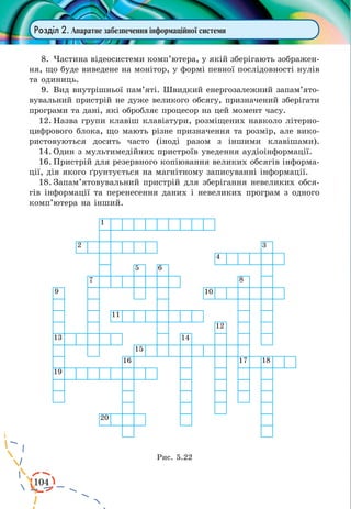 104
Розділ 2. Апаратне забезпечення інформаційної системи
8.	Частина відеосистеми комп’ютера, у якій зберігають зображен-
ня, що буде виведене на монітор, у формі певної послідовності нулів
та одиниць.
9.	 Вид внутрішньої пам’яті. Швидкий енергозалежний запам’ято­
вувальний пристрій не дуже великого обсягу, призначений зберігати
програми та дані, які обробляє процесор на цей момент часу.
12.	Назва групи клавіш клавіатури, розміщених навколо літерно-
цифрового блока, що мають різне призначення та розмір, але вико-
ристовуються досить часто (іноді разом з іншими клавішами).
14.	Один з мультимедійних пристроїв уведення аудіоінформації.
16.	Пристрій для резервного копіювання великих обсягів інформа-
ції, дія якого ґрунтується на магнітному записуванні інформації.
18.	Запам’ятовувальний пристрій для зберігання невеликих обся-
гів інформації та перенесення даних і невеликих програм з одного
комп’ютера на інший.
Рис. 5.22
 
