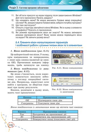 116
Розділ 3. Системне програмне забезпечення
11.	 Які об’єкти присутні на екрані відразу після завантаження Windows?
Для чого призначено Панель завдань?
12.	 Що називають меню? Як можна викликати Головне меню операційної
системи? Як, використовуючи Головне меню, вибрати потрібну програму?
13.	 Що таке застосунок?
14.	 Опишіть структуру звичайного вікна Windows. Які в ньому є елементи
інтерфейсу? Поясніть їх призначення.
15.	 Які режими відтворювання вікон ви знаєте? Як можна змінювати
режими відтворення вікон? Яким чином можна переміщати вікна
на екрані? Як змінити розмір вікна?
6.4. Елементи вікон налаштовування параметрів
і особливості роботи з різними типами вікон та їх елементами
1.	 Вікно повідомлення (рис. 6.11)
Це найпростіший тип вікон. У ньому,
крім повідомлення чи попередження,
є лише одна кнопка (зазвичай це кноп-
ка ОК). Прочитавши наведену інфор-
мацію, треба натиснути цю кнопку.
2.	 Вікно повідомлення із запи-
танням (рис. 6.12)
Це вікно з’являється, коли корис-
тувач намагається виконати небез-
печну з погляду операційної систе-
ми дію. Наприклад, користувач хоче
вийти з програми, не зберігши отри-
мані при цьому результати.
Кнопки, розміщені в цьому вікні,
мають таке призначення:
Кнопка Призначення кнопки
ОК Підтвердити свою дію
Скасувати Скасувати свою дію
Вікно повідомлення із запитанням може ще містити такі кнопки:
Кнопка Призначення кнопки
Так Погодитися на пропоновані дії
Ні Відмовитися від пропонованих дій
Скасувати Повернутися назад (скасувати свої дії)
Рис. 6.11. Вікно повідомлення
Рис. 6.12. Вікно повідомлення
із запитанням
 