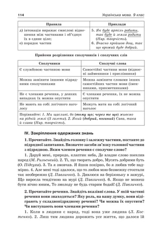 114 Українська мова. 9 клас
Правила Приклади
д) інтонація виражає смислові відно-
шення між частинами і об’єднує
їх в єдине ціле;
е) порядок частин
5. Як буде артіль робити,
так буде й земля родити
(Нар. творчість).
6. Вчасно пройшов дощ, так
що врожай буде добрий.
Прийоми розрізнення сполучників і сполучних слів
Сполучники Сполучні слова
Є службовою частиною мови Самостійні частини мови (віднос-
ні займенники і прислівники)
Можна замінити іншими підряд-
ними сполучниками
Можна замінити словами інших
самостійних частин мови (імен-
никами, прикметниками)
Не є членами речення, у деяких
випадках їх можна опустити
Є членами речення, їх не можна
опустити
Не мають на собі логічного наго-
лосу
Можуть мати на собі логічний
наголос
Порівняйте: 1. Ми щасливі, бо (тому що; через те що) живемо
на рідній землі (З газети). 2. Який (добрий, поганий) Сава, така
й слава (Нар. творчість).
IV. Закріплення одержаних знань
1. Прочитайте. Знайдіть головну і залежну частини, поставте до
підрядної запитання. Визначте засоби зв’язку головної частини
з підрядною. Яким членом речення є сполучне слово?
1. Даруй мені, природо, клаптик неба, Де владне слово поселив
народ (М. Рильський). 2. Ті, що творять добро, Мусять добрими буть
(О. Підсуха). 3. Та я змовчав. Я йшов покірно, бо я любив тебе над-
мірно. 4. Але мені тоді здалося, що то любов мою безмежну стоптали
так необережно (Д. Павличко). 5. Дивлюся на берізоньку в зажурі,
Що виросла тендітною на мурі (Д. Павличко). 6. Якщо не можеш
бути вічно юним, То змолоду не будь старим бодай! (Д. Павличко).
2. Прочитайте речення. Знайдіть вказівні слова. У якій частині
речення вони знаходяться? Яку роль, на вашу думку, вони віді-
грають у складнопідрядному реченні? Чи можна їх опустити?
Чи виступають вони членами речення?
1. Коли в людини є народ, тоді вона уже людина (Л. Кос-
тенко). 2. Лиш тим людина дорожить усе життя, що далося їй
 
