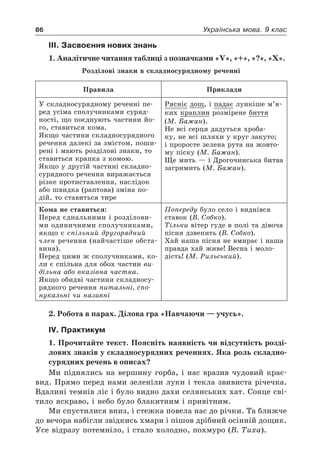 86 Українська мова. 9 клас
ІІІ. Засвоєння нових знань
1. Аналітичне читання таблиці з позначками «V», «+», «?», «Х».
Розділові знаки в складносурядному реченні
Правила Приклади
У складносурядному реченні пе-
ред усіма сполучниками суряд-
ності, що поєднують частини йо-
го, ставиться кома.
Якщо частини складносурядного
речення далекі за змістом, поши-
рені і мають розділові знаки, то
ставиться крапка з комою.
Якщо у другій частині складно-
сурядного речення виражається
різке протиставлення, наслідок
або швидка (раптова) зміна по-
дій, то ставиться тире
Рясніє дощ, і падає лункіше м’я-
ких краплин розмірене биття
(М. Бажан).
Не всі серця дадуться хроба-
ку, не всі шляхи у круг закуто;
і проросте зелена рута на жовто-
му піску (М. Бажан).
Ще мить — і Дрогочинська битва
загримить (М. Бажан).
Кома не ставиться:
Перед єднальними і розділови-
ми одиничними сполучниками,
якщо є спільний другорядний
член речення (найчастіше обста-
вина).
Перед цими ж сполучниками, ко-
ли є спільна для обох частин ви-
дільна або вказівна частка.
Якщо обидві частини складносу-
рядного речення питальні, спо-
нукальні чи називні
Попереду було село і виднівся
ставок (В. Собко).
Тільки вітер гуде в полі та дівоча
пісня дзвенить (В. Собко).
Хай наша пісня не вмирає і наша
правда хай живе! Весна і моло-
дість! (М. Рильський).
2. Робота в парах. Ділова гра «Навчаючи — учусь».
IV. Практикум
1. Прочитайте текст. Поясніть наявність чи відсутність розді-
лових знаків у складносурядних реченнях. Яка роль складно-
сурядних речень в описах?
Ми піднялись на вершину горба, і нас вразив чудовий крає-
вид. Прямо перед нами зеленіли луки і текла звивиста річечка.
Вдалині темнів ліс і було видно дахи селянських хат. Сонце сві-
тило яскраво, і небо було блакитним і привітним.
Ми спустилися вниз, і стежка повела нас до річки. Та ближче
до вечора набігли звідкись хмари і пішов дрібний осінній дощик.
Усе відразу потемніло, і стало холодно, похмуро (В. Тиха).
 