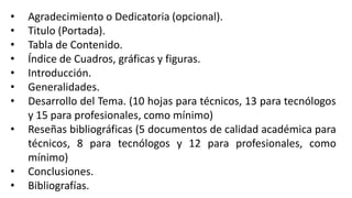 • Agradecimiento o Dedicatoria (opcional).
• Titulo (Portada).
• Tabla de Contenido.
• Índice de Cuadros, gráficas y figuras.
• Introducción.
• Generalidades.
• Desarrollo del Tema. (10 hojas para técnicos, 13 para tecnólogos
y 15 para profesionales, como mínimo)
• Reseñas bibliográficas (5 documentos de calidad académica para
técnicos, 8 para tecnólogos y 12 para profesionales, como
mínimo)
• Conclusiones.
• Bibliografías.
 