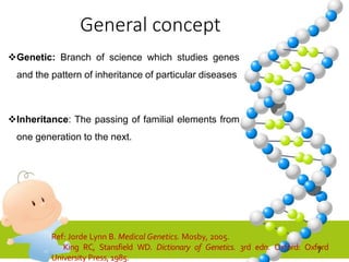 General concept
Genetic: Branch of science which studies genes
and the pattern of inheritance of particular diseases
Inheritance: The passing of familial elements from
one generation to the next.
7
Ref: Jorde Lynn B. Medical Genetics. Mosby, 2005.
King RC, Stansfield WD. Dictionary of Genetics. 3rd edn. Oxford: Oxford
University Press, 1985.
 