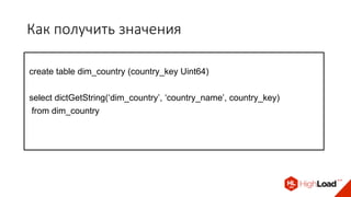Как получить значения
create table dim_country (country_key Uint64)
select dictGetString(‘dim_country’, ‘country_name’, country_key)
from dim_country
 
