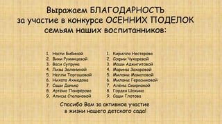 1. Насти Бибиной
2. Вики Румянцевой
3. Васи Супруна
4. Лизы Зелениной
5. Нелли Торгашовой
6. Нихата Ахмедова
7. Саши Данько
8. Артёма Панфёрова
9. Алисы Степановой
1. Кирилла Нестерова
2. Софии Чухаревой
3. Маши Аджигитовой
4. Марины Захаровой
5. Миланы Маматовой
6. Миланы Герасимовой
7. Алёны Смирновой
8. Гордея Шохина
9. Саши Глотова
Выражаем БЛАГОДАРНОСТЬ
за участие в конкурсе ОСЕННИХ ПОДЕЛОК
семьям наших воспитанников:
Спасибо Вам за активное участие
в жизни нашего детского сада!
 
