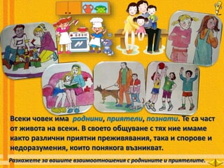 Всеки човек има роднини, приятели, познати. Те са част
от живота на всеки. В своето общуване с тях ние имаме
както различни приятни преживявания, така и спорове и
недоразумения, които понякога възникват.
Разкажете за вашите взаимоотношения с роднините и приятелите.
 