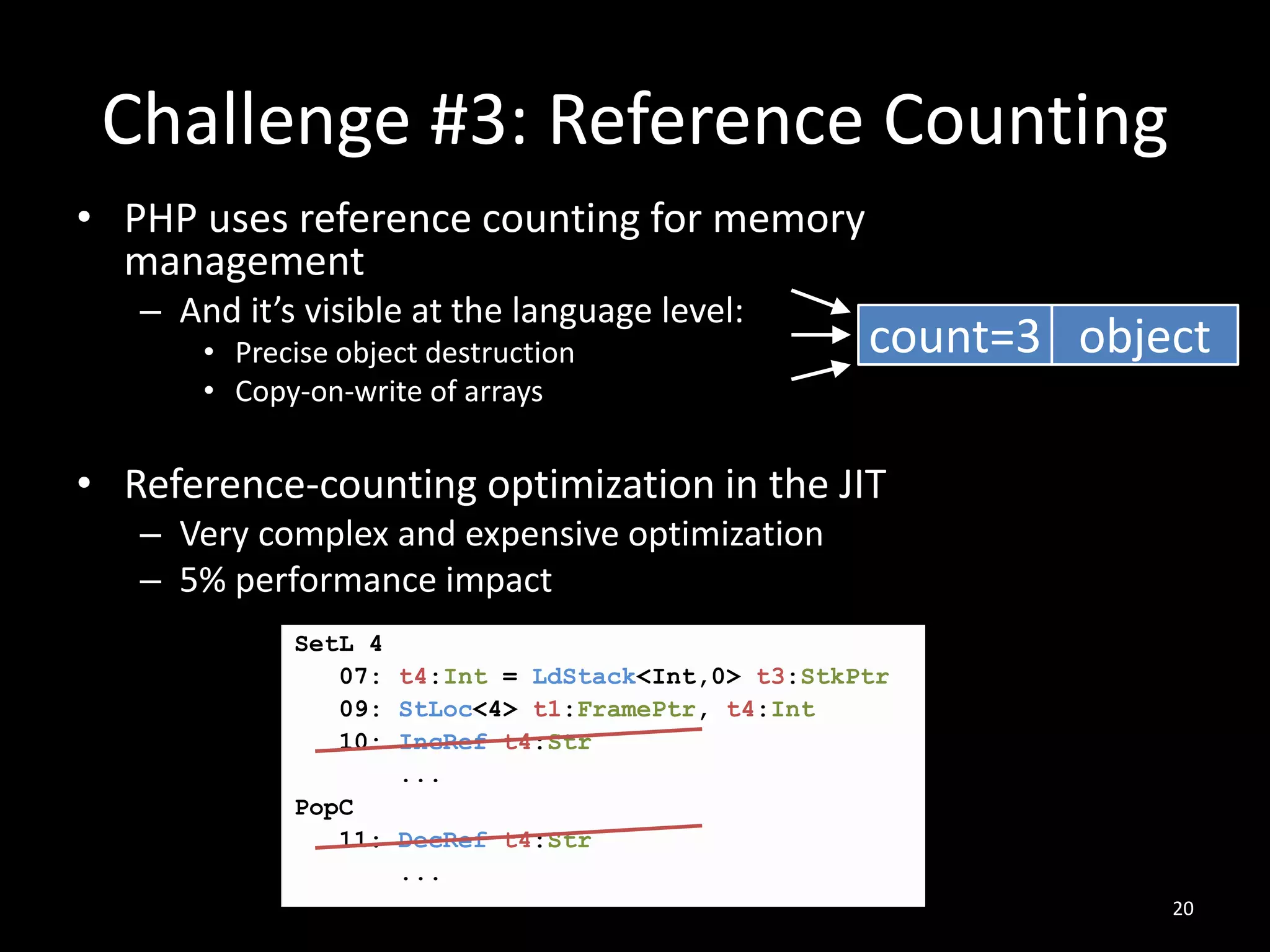 Challenge #3: Reference Counting
• PHP uses reference counting for memory
management
– And it’s visible at the language level:
• Precise object destruction
• Copy-on-write of arrays
• Reference-counting optimization in the JIT
– Very complex and expensive optimization
– 5% performance impact
20
SetL 4
07: t4:Int = LdStack<Int,0> t3:StkPtr
09: StLoc<4> t1:FramePtr, t4:Int
10: IncRef t4:Str
...
PopC
11: DecRef t4:Str
...
count=3 object
 