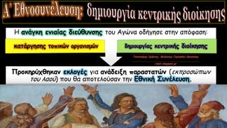 Προκηρύχθηκαν εκλογές για ανάδειξη παραστατών (εκπροσώπων
του λαού) που θα αποτελούσαν την Εθνική Συνέλευση.
Η ανάγκη ενιαίας διεύθυνσης του Αγώνα οδήγησε στην απόφαση:
 