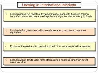 Leasing in International Markets
• Leasing opens the door to a large segment of nominally financed foreign
firms that can be sold on a lease option but might be unable to buy for cash
• Lease revenue tends to be more stable over a period of time than direct
sales would be
• Equipment leased and in use helps to sell other companies in that country
• Leasing helps guarantee better maintenance and service on overseas
equipment
 