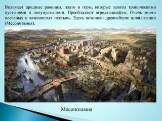 Включает аридные равнины, плато и горы, которые заняты тропическими
пустынями и полупустынями. Преобладают агроландшафты. Очень много
песчаных и каменистых пустынь. Здесь возникли древнейшие цивилизации
(Месопотамия).
Месопотамия
 