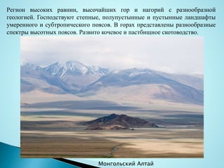 Регион высоких равнин, высочайших гор и нагорий с разнообразной
геологией. Господствуют степные, полупустынные и пустынные ландшафты
умеренного и субтропического поясов. В горах представлены разнообразные
спектры высотных поясов. Развито кочевое и пастбищное скотоводство.
Монгольский Алтай
 