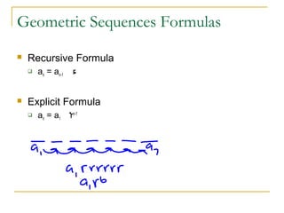 Geometric Sequences Formulas
 Recursive Formula
 an = an-1 r
 Explicit Formula
 an = a1 rn-1
•
•
 