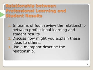 Relationship between
Professional Learning and
Student Results
1. In teams of four, review the relationship
between professional learning and
student results
2. Discuss how might you explain these
ideas to others.
3. Use a metaphor describe the
relationship.
8
 