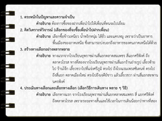 1. ตระหนักในปัญหาและความจาเป็น
คาอธิบาย ต้องการซื้อของฝากเพื่อนาไปให้เพื่อนที่ตนจะไปเยี่ยม
2. คิดวิเคราะห์วิจารณ์ (เลือกของที่จะซื้อเพื่อนาไปฝากเพื่อน)
คาอธิบาย เลือกซื้อข้าวเหนียว น้าพริกหนุ่ม ไส้อั่ว และแคบหมู เพราะว่าเป็นอาหาร
พื้นเมืองของภาคเหนือ ซึ่งสามารถบ่งบอกถึงอาหารของคนภาคเหนือได้ด้วย
3. สร้างทางเลือกอย่างหลากหลาย
คาอธิบาย ทางแรกจากโรงเรียนยุพราชผ่านสี่แยกตลาดสมเพชร สี่แยกศรีพิงค์ ถึง
ตลาดวโรรส ทางที่สองจากโรงเรียนยุพราชผ่านสี่แยกร้านถ่ายรูป เลี้ยวซ้าย
ไป ร้านโจ๊ก เลี้ยวขวาไปที่แจ่งศรีภูมิ ตรงไป ถึงโรงแรมเพรสซิเดนท์ ตรงไป
ถึงสี่แยก ตลาดเมืองใหม่ ตรงไปถึงเจดีย์ขาว แล้วเลี้ยวขวา ผ่านสี่แยกสะพาน
นครพิงค์
4. ประเมินทางเลือกและเลือกทางเลือก (เลือกวิธีการเดินทาง หลาย ๆ วิธี)
คาอธิบาย เลือกทางแรก จากโรงเรียนยุพราชผ่านสี่แยกตลาดสมเพชร สี่ แยกศรีพิงค์
ถึงตลาดวโรรส เพราะระยะทางสั้นและใช้เวลาในการเดินน้อยกว่าทางที่สอง
 