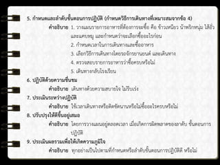 5. กาหนดและลาดับขั้นตอนการปฏิบัติ (กาหนดวิธีการเดินทางที่เหมาะสมจากข้อ 4)
คาอธิบาย 1. วางแผนรายการอาหารที่ต้องการจะซื้อ คือ ข้าวเหนียว น้าพริกหนุ่ม ไส้อั่ว
และแคบหมู และกาหนดว่าจะเลือกซื้ออะไรก่อน
2. กาหนดเวลาในการเดินทางและซื้ออาหาร
3. เลือกวิธีการเดินทางโดยรถจักรยานยนต์ และเดินทาง
4. ตรวจสอบรายการอาหารว่าซื้อครบหรือไม่
5. เดินทางกลับโรงเรียน
6. ปฏิบัติด้วยความชื่นชม
คาอธิบาย เดินทางด้วยความสบายใจ ไม่รีบเร่ง
7. ประเมินระหว่างปฏิบัติ
คาอธิบาย ใช้เวลาเดินทางหรือติดขัดนานหรือไม่ซื้ออะไรครบหรือไม่
8. ปรับปรุงให้ดีขึ้นอยู่เสมอ
คาอธิบาย โดยการวางแผนอยู่ตลอดเวลา เมื่อเกิดการผิดพลาดของลาดับ ขั้นตอนการ
ปฏิบัติ
9. ประเมินผลรวมเพื่อให้เกิดความภูมิใจ
คาอธิบาย ทุกอย่างเป็นไปตามที่กาหนดหรือลาดับขั้นตอนการปฏิบัติดี หรือไม่
 