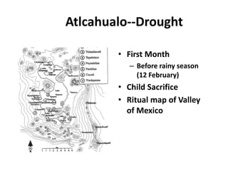 Atlcahualo--Drought

        • First Month
           – Before rainy season
             (12 February)
        • Child Sacrifice
        • Ritual map of Valley
          of Mexico
 