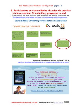 Guía Práctica para la Orientación con TIC y en red - página 149
Orientación educativa con TIC y en red – Alberto del Mazo 2017 CC BY-NC-SA 3.0 ES -
9. Participamos en comunidades virtuales de práctica
(y/o las creamos). Orientación y proyectos en red.
La presentación de este apartado está disponible con enlaces interactivos en:
http://queduquequeducuando.blogspot.com.es/2017/01/comunidades-virtuales-y-proyectos.html
Comunidades virtuales profesionales en orientación
Rúbrica de Competencias Digitales (Conecta13, 2013):
http://www.slideshare.net/Conecta13/rubrica-competencias-digitales-de-conecta13
 