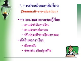 3. การประเมินผลหลังเรียน
(Summative evaluation)
- ทราบความสามารถของผู้เรียน
- ความสาเร็จในการเรียน
- ความสามารถโดยรวม
- ปรับปรุงแก้ไขการเรียนการสอน
- ตัดสินผลการเรียน
- เลื่อนระดับ
- ซ่อมเสริม ปรับปรุงแก้ไข
 