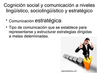Cognición social y comunicación a niveles
lingüístico, sociolingüístico y estratégico

Comunicación estratégica:

Tipo de comunicación que se establece para
representarse y estructurar estrategias dirigidas
a metas determinadas.
patriciabehisa.com
 