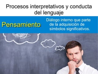 Procesos interpretativos y conducta
del lenguaje
Diálogo interno que parte
de la adquisición de
símbolos significativos.
PensamientoPensamiento:
 