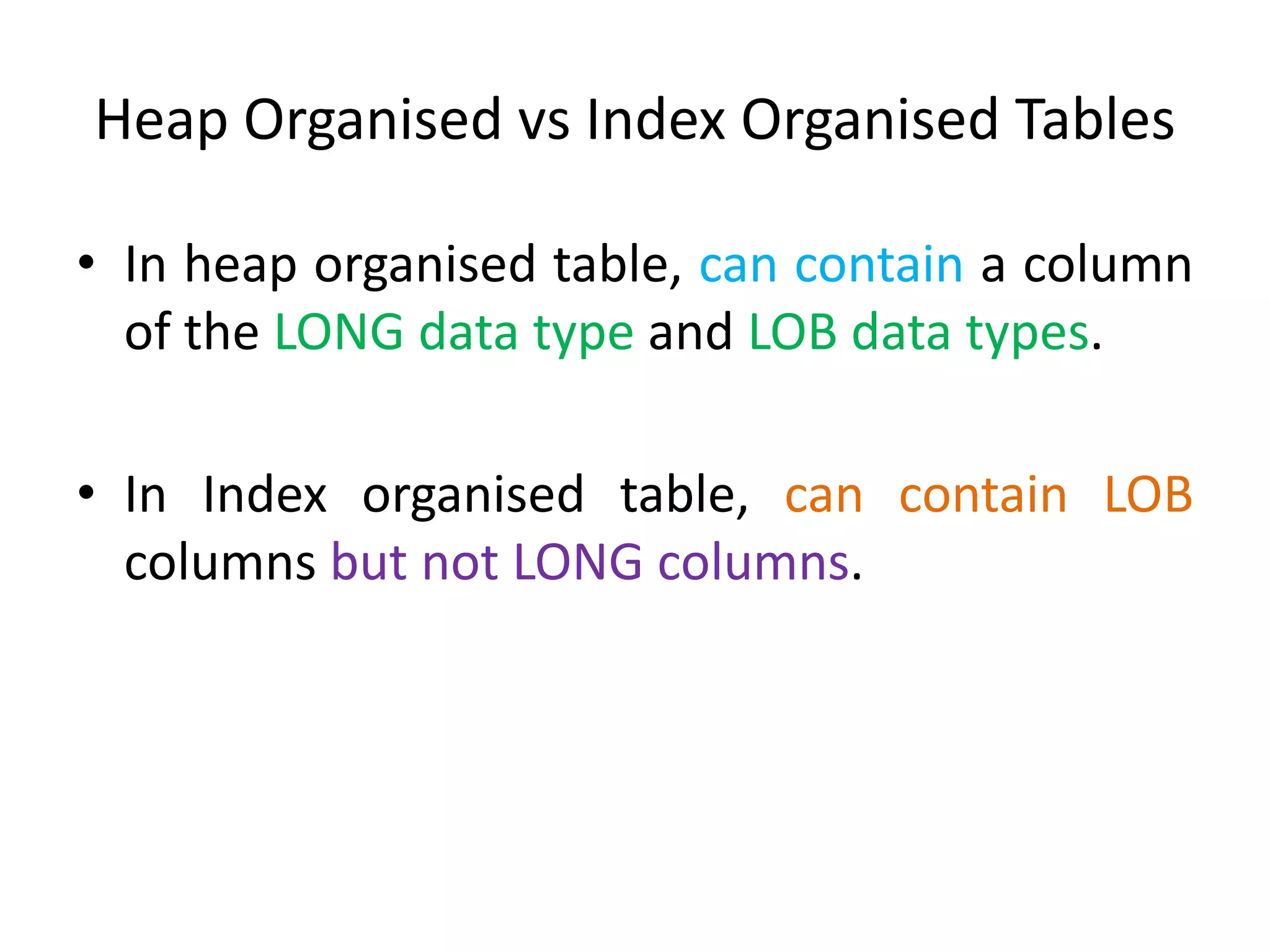 Heap Organised vs Index Organised Tables
• In heap organised table, can contain a column
of the LONG data type and LOB data types.
• In Index organised table, can contain LOB
columns but not LONG columns.
 