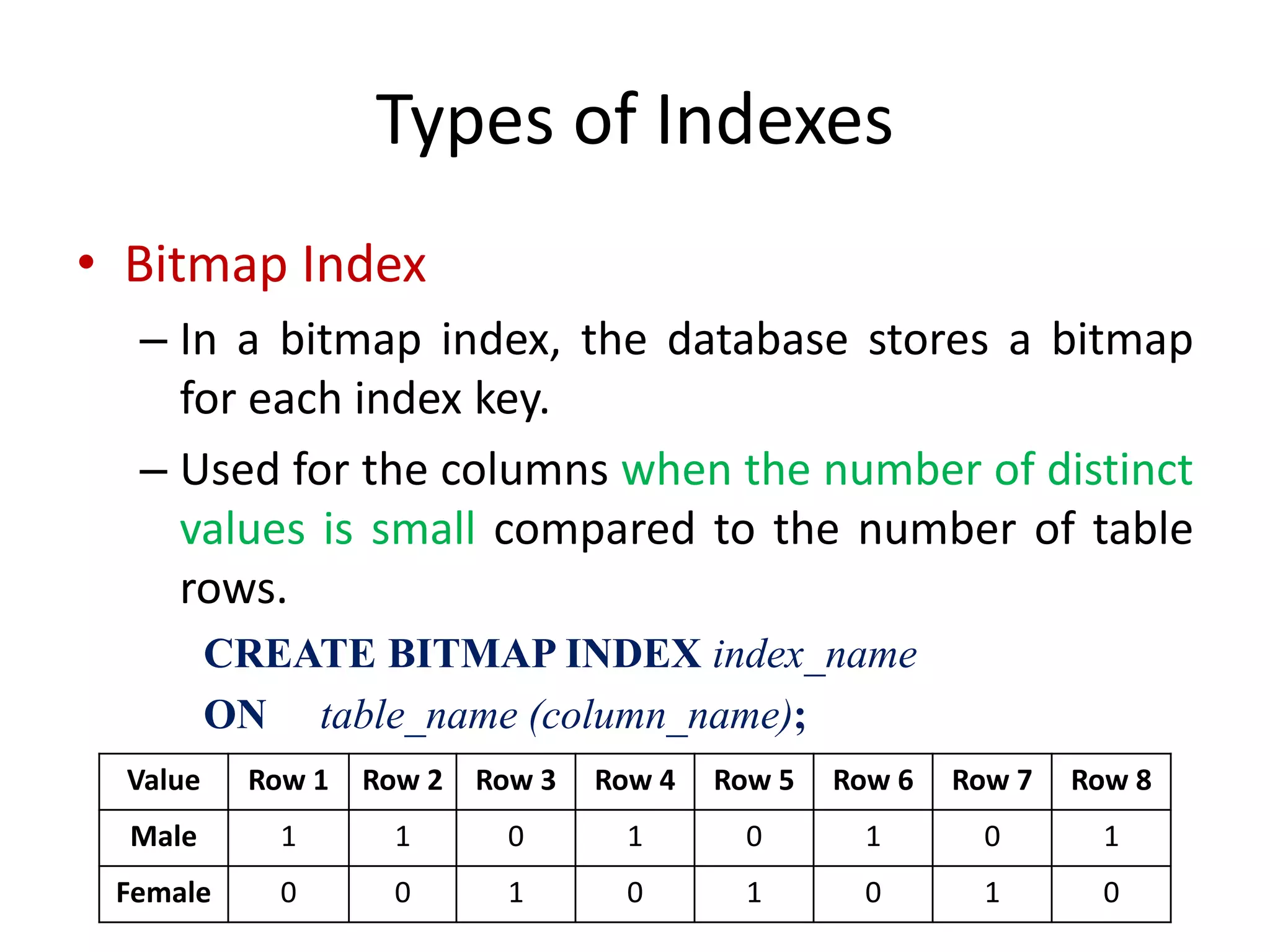 Types of Indexes
• Bitmap Index
– In a bitmap index, the database stores a bitmap
for each index key.
– Used for the columns when the number of distinct
values is small compared to the number of table
rows.
CREATE BITMAP INDEX index_name
ON table_name (column_name);
Value Row 1 Row 2 Row 3 Row 4 Row 5 Row 6 Row 7 Row 8
Male 1 1 0 1 0 1 0 1
Female 0 0 1 0 1 0 1 0
 