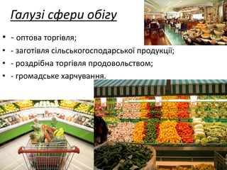 Галузі сфери обігу
• - оптова торгівля;
• - заготівля сільськогосподарської продукції;
• - роздрібна торгівля продовольством;
• - громадське харчування.
 
