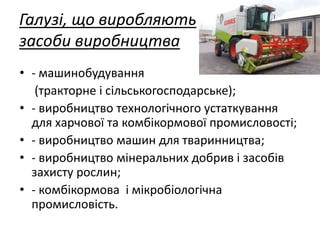 Галузі, що виробляють
засоби виробництва
• - машинобудування
(тракторне і сільськогосподарське);
• - виробництво технологічного устаткування
для харчової та комбікормової промисловості;
• - виробництво машин для тваринництва;
• - виробництво мінеральних добрив і засобів
захисту рослин;
• - комбікормова і мікробіологічна
промисловість.
 
