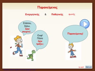 Παρακείμενος
Ενεργητικής & Παθητικής φωνής
Ουφ!
Πόσο
έχω
τρέξει;
Στάσου,
ξέρω,
έχω
σκεφτεί..
Παρακείμενος!
by sjoll
Επιμέλεια: Χρήστος Χαρμπής http://xristx.blogspot.gr σελ.17
 