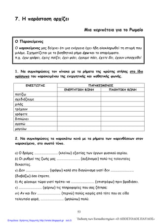 53
7. Η παράσταση αρχίζει
Μια περιπέτεια για το Ρωμαίο
1. Να συμπληρώσεις τον πίνακα με τα ρήματα της πρώτης στήλης στο ίδιο
πρόσωπο του παρακειμένου της ενεργητικής και παθητικής φωνής.
ΠΑΡΑΚΕΙΜΕΝΟΣΕΝΕΣΤΩΤΑΣ
ΕΝΕΡΓΗΤΙΚΗ ΦΩΝΗ ΠΑΘΗΤΙΚΗ ΦΩΝΗ
ποτίζω
σχεδιάζουμε
μιλάς
τρέχουν
γράφετε
διπλώνει
αγαπώ
μαγεύω
2. Να συμπληρώσεις τα παρακάτω κενά με τα ρήματα των παρενθέσεων στον
παρακείμενο, στο σωστό τύπο.
α) Ο δρόμος ………………………… (κλείνω) εξαιτίας των έργων φυσικού αερίου.
β) Οι ρυθμοί της ζωής μας ………………………… (αυξάνομαι) πολύ τις τελευταίες
δεκαετίες.
γ) ∆εν ………………………… (γράφω) καλά στο διαγώνισμα γιατί δεν …………………………
(διαβάζω) όσο έπρεπε.
δ) Ας φύγουμε τώρα γιατί πρέπει να ………………………… (επιστρέφω) πριν βραδιάσει.
ε) ………………………… (φέρνω) τις πληροφορίες που σας ζήτησα;
στ) Αν και δεν ………………………… (περνώ) πολύς καιρός από τότε που σε είδα
τελευταία φορά, ………………………… (ψηλώνω) πολύ.
Ο Παρακείμενος
Ο παρακείμενος μας δείχνει ότι μια ενέργεια έχει ήδη ολοκληρωθεί τη στιγμή που
μιλάμε. Σχηματίζεται με το βοηθητικό ρήμα έχω και το απαρέμφατο.
π.χ. έχω γράψει, έχεις παίξει, έχει φάει, έχουμε πάει, έχετε δει, έχουν υποσχεθεί
΄Εκδοση των Εκπαιδευτηρίων «Ο ΑΠΟΣΤΟΛΟΣ ΠΑΥΛΟΣ»Επιμέλεια: Χρήστος Χαρμπής http://xristx.blogspot.gr σελ.5
 