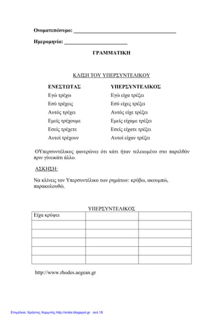 Ονοµατεπώνυµο: _______________________________________
Ηµεροµηνία: ________________________
ΓΡΑΜΜΑΤΙΚΗ
ΚΛΙΣΗ ΤΟΥ ΥΠΕΡΣΥΝΤΕΛΙΚΟΥ
ΕΝΕΣΤΩΤΑΣ ΥΠΕΡΣΥΝΤΕΛΙΚΟΣ
Εγώ τρέχω Εγώ είχα τρέξει
Εσύ τρέχεις Εσύ είχες τρέξει
Αυτός τρέχει Αυτός είχε τρέξει
Εµείς τρέχουµε Εµείς είχαµε τρέξει
Εσείς τρέχετε Εσείς είχατε τρέξει
Αυτοί τρέχουν Αυτοί είχαν τρέξει
ΟΥπερσυντέλικος φανερώνει ότι κάτι ήταν τελειωµένο στο παρελθόν
πριν γίνεικάτι άλλο.
ΑΣΚΗΣΗ:
Να κλίνεις τον Υπερσυντέλικο των ρηµάτων: κρύβω, ακουµπώ,
παρακολουθώ.
ΥΠΕΡΣΥΝΤΕΛΙΚΟΣ
Είχα κρύψει
http://www.rhodes.aegean.gr
Επιμέλεια: Χρήστος Χαρμπής http://xristx.blogspot.gr σελ.18
 