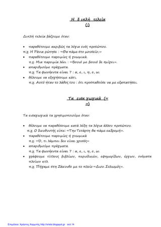 • παραθέτουµε παροιµίες ή γνωµικά
π.χ. «Ό, τι λάµπει δεν είναι χρυσός»
• απαριθµούµε πράγµατα.
•
π.χ. Τα φωνήεντα είναι 7 : α, ε, ι, η, ο, ω.
γράφουµε τίτλους βιβλίων, περιοδικών, εφηµερίδων, έργων, ονόµατα
πλοίων κτλ.
π.χ. Πήγαµε στη Ζάκυνθο µε το πλοίο «∆ιον. Σολωµός».
Η δ ιπλή τελεία
(:)
∆ιπλή τελεία βάζουµε όταν:
• παραθέτουµε ακριβώς τα λόγια ενός προσώπου.
π.χ. Η Ράνια ρώτησε : «Θα πάµε στο µουσείο;»
• παραθέτουµε παροιµίες ή γνωµικά.
π.χ. Μια παροιµία λέει : «Βουνό µε βουνό δε σµίγει».
• απαριθµούµε πράγµατα.
π.χ. Τα φωνήεντα είναι 7 : α, ε, ι, η, ο, ω.
• θέλουµε να εξηγήσουµε κάτι.
π.χ. Αυτό ήταν το λάθος του : ότι προσπαθούσε να µε εξαπατήσει.
Τα εισα γωγικά («
»)
Τα εισαγωγικά τα χρησιµοποιούµε όταν:
• θέλουµε να παραθέσουµε κατά λέξη τα λόγια άλλου προσώπου.
π.χ. Ο διευθυντής είπε: «Την Τετάρτη θα πάµε εκδροµή».
Επιμέλεια: Χρήστος Χαρμπής http://xristx.blogspot.gr σελ.14
 