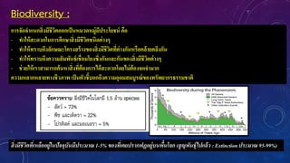 Biodiversity :
การจัดจาแนกสิ่งมีชีวิตออกเป็นหมวดหมู่มีประโยชน์ คือ
- ทาให้สะดวกในการศึกษาสิ่งมีชีวิตชนิดต่างๆ
- ทาให้ทราบถึงลักษณะโครงสร้างของสิ่งมีชีวิตที่ต่างกันหรือคล้ายคลึงกัน
- ทาให้ทราบถึงความสัมพันธ์เชื่อมโยงซึ่งกันและกันของสิ่งมีชีวิตต่างๆ
- ช่วยให้เราสามารถค้นหาสิ่งที่ต้องการได้สะดวกโดยไม่ต้องจดจามาก
ความหลากหลายทางชีวภาพ เป็นตัวชี้บอกถึงความอุดมสมบูรณ์ของทรัพยากรธรรมชาติ
สิ่งมีชีวิตที่เหลืออยู่ในปัจจุบันมีประมาณ 1-5% ของที่เคยปรากฟฏอยู่บนพื้นโลก (สูญพันธุ์ไปแล้ว : Extinctionประมาณ 95-99%)
 
