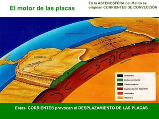 En la ASTENOSFERA del Manto se
originan CORRIENTES DE CONVECCIÓN
Estas CORRIENTES provocan el DESPLAZAMIENTO DE LAS PLACAS
El motor de las placas
 