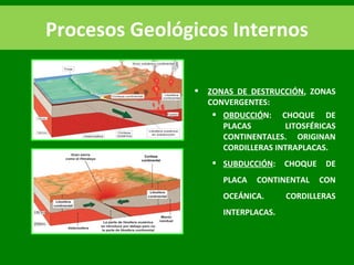 Procesos Geológicos Internos
 ZONAS DE DESTRUCCIÓN, ZONAS
CONVERGENTES:
 OBDUCCIÓN: CHOQUE DE
PLACAS LITOSFÉRICAS
CONTINENTALES. ORIGINAN
CORDILLERAS INTRAPLACAS.
 SUBDUCCIÓN: CHOQUE DE
PLACA CONTINENTAL CON
OCEÁNICA. CORDILLERAS
INTERPLACAS.
 