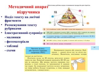 Методичний апарат
підручника
• Поділ тексту на логічні
фрагменти
• Розмежування тексту
рубриками
• Ілюстративний супровід:
- малюнки
- фотоматеріали
- таблиці
- схеми
 