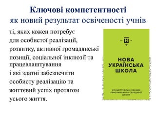Ключові компетентності
як новий результат освіченості учнів
ті, яких кожен потребує
для особистої реалізації,
розвитку, активної громадянськї
позиції, соціальної інклюзії та
працевлаштування
і які здатні забезпечити
особисту реалізацію та
життєвий успіх протягом
усього життя.
 