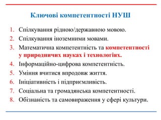 Ключові компетентності НУШ
1. Спілкування рідною/державною мовою.
2. Спілкування іноземними мовами.
3. Математична компетентність та компетентності
у природничих науках і технологіях.
4. Інформаційно-цифрова компетентність.
5. Уміння вчитися впродовж життя.
6. Ініціативність і підприємливість.
7. Соціальна та громадянська компетентності.
8. Обізнаність та самовираження у сфері культури.
 