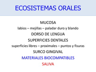 ECOSISTEMAS ORALES
MUCOSA
labios – mejillas – paladar duro y blando
DORSO DE LENGUA
SUPERFICIES DENTALES
superficies libres – proximales – puntos y fisuras
SURCO GINGIVAL
MATERIALES BIOCOMPATIBLES
SALIVA
 